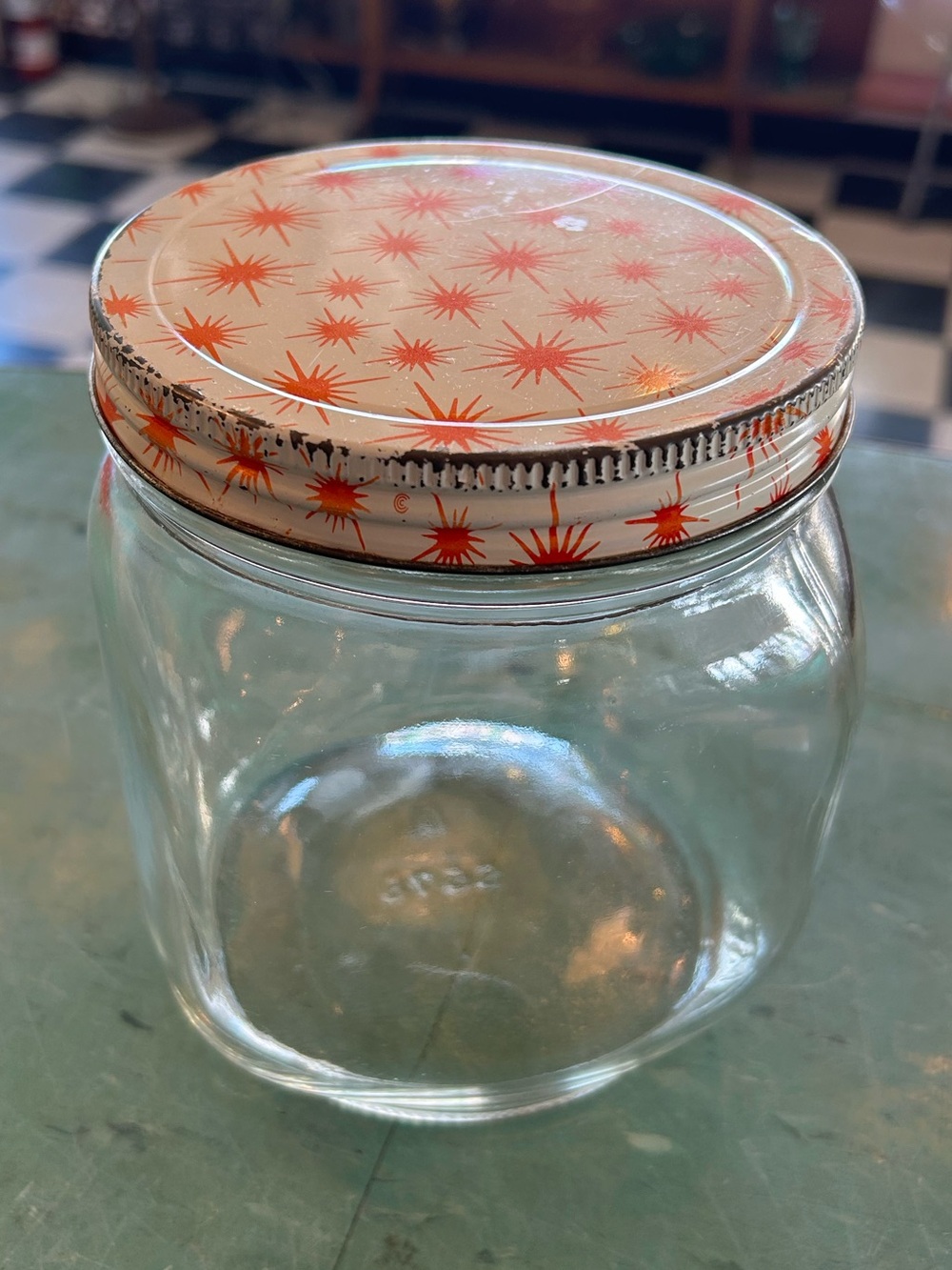 Vintage Hazel atlas square glass jar atomic red starburst lid